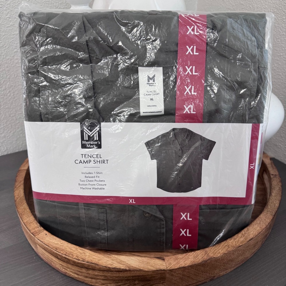Members Mark Tencel Camp Shirt XL Olive Green Relaxed Fit Button Up Short Sleeve